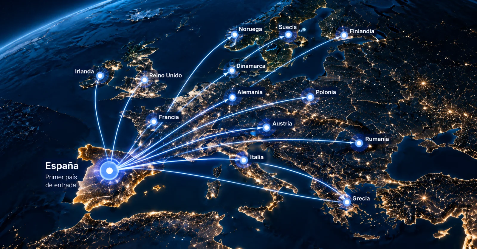 Mapa nocturno de Europa con rutas desde España, primer país de entrada, hacia trece mercados europeos